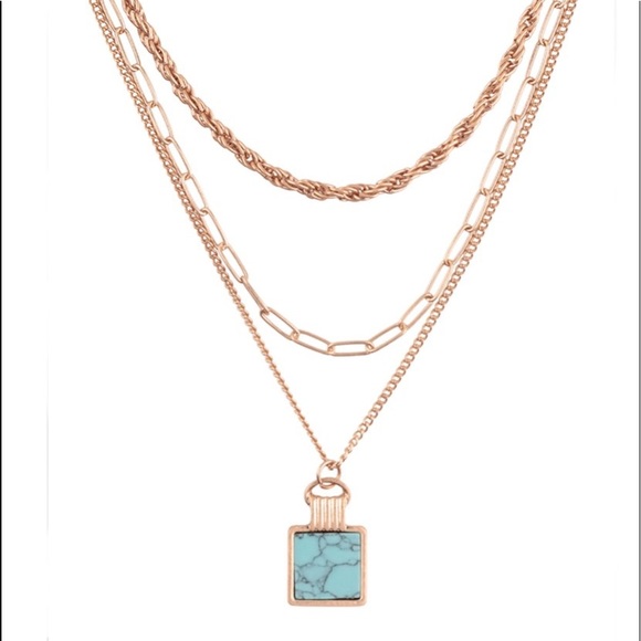 TURQUOISE NATURAL STONE SQUARE PENDANT CHARM 3 LAYERED NECKLACE SET - MATTE GOLD - Picture 1 of 4